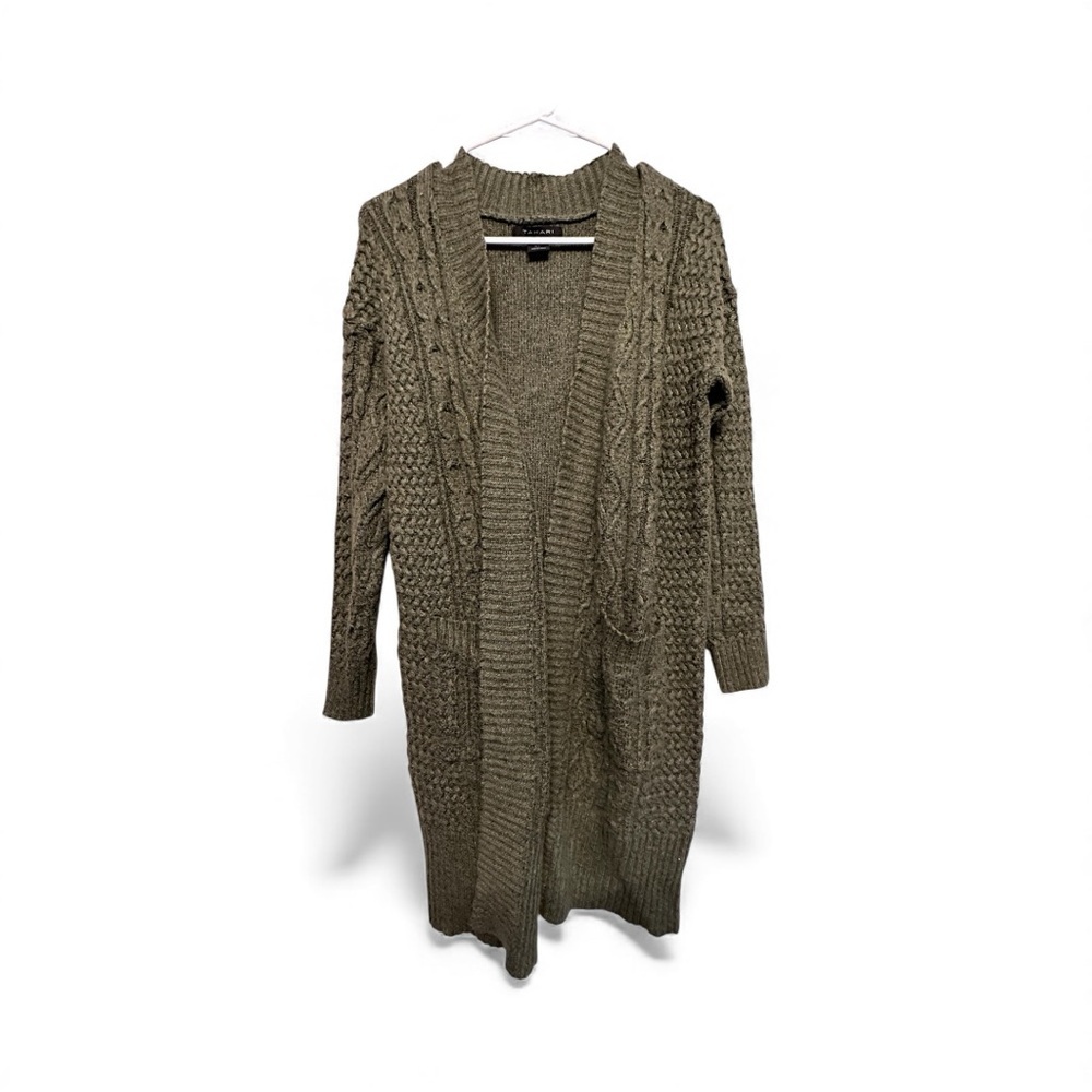 Tahari Olive Cable Knit Open Long Cardigan Size Small